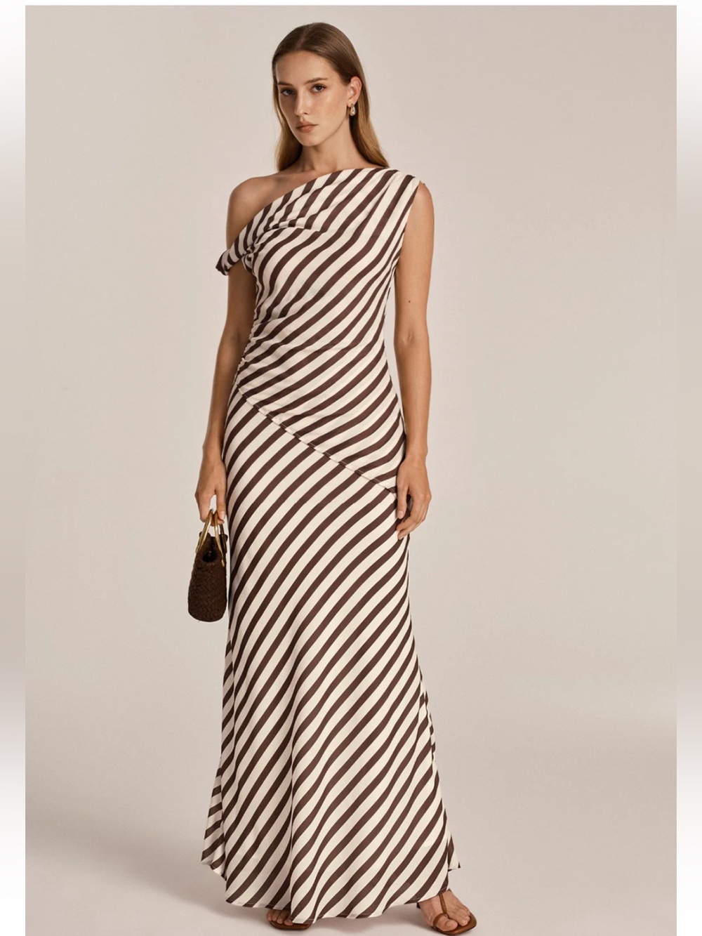 Commense Asymmetrical One-Shoulder Striped Maxi Skirt Set- Brown & Cream - Picture 4 of 7